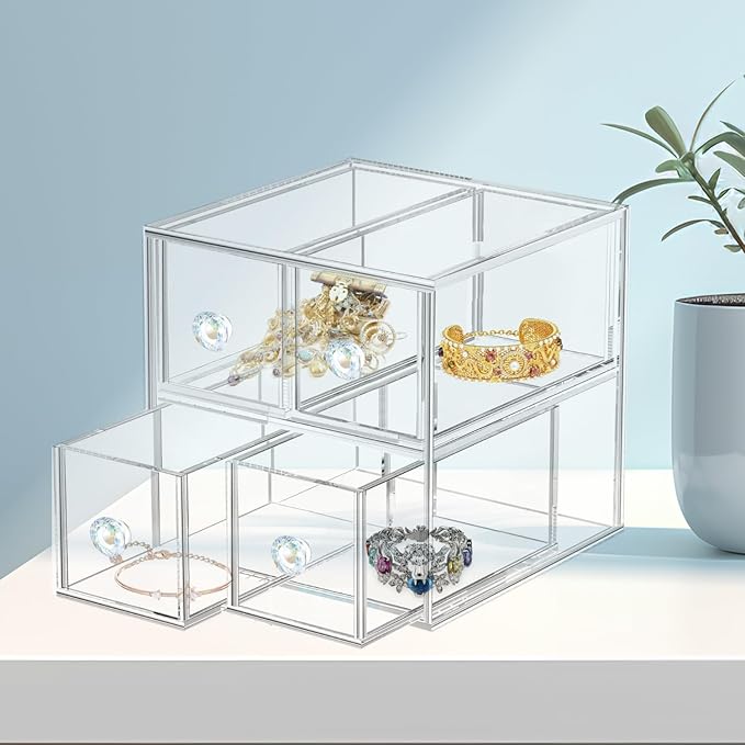 Acrylic Jewelry Box Clear Jewellery Storage Drawer Transparent Cosmetic Display Stand Holder Home Organizer Tray for Earring Necklace Rings Bracelet Makeup (4 drawer)-NeatNest