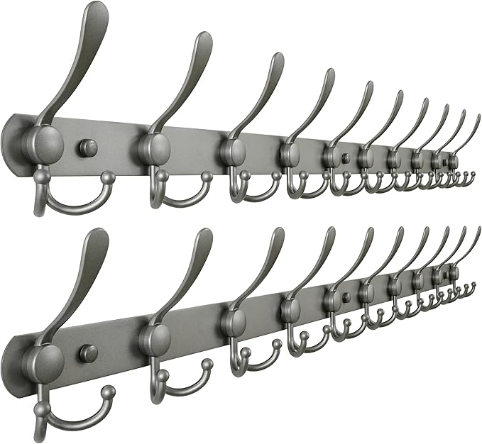 Dseap Coat Rack Wall Mount - 38” Long 10-Tri-Hooks Heavy Duty Coat Hanger Rail Wall Hooks for Hanging Coats Hats Clothing Clothes Purse Mudroom Entryway, Gray, Pack of 2-NeatNest