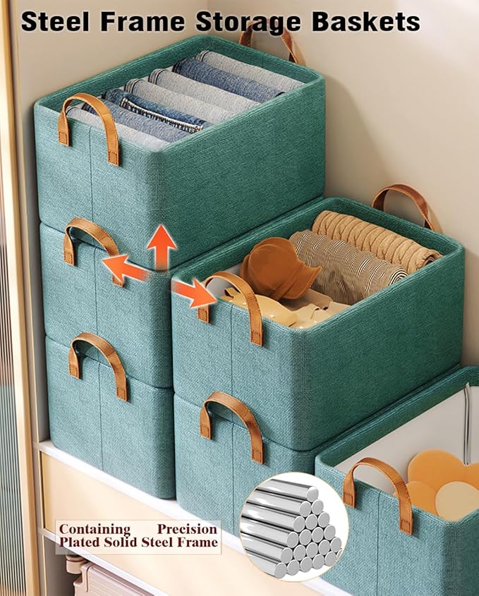 AARAINBOW 4 Pcs Closet Clothes Organizer with Handle, Fabric storage Box with Steel Frame Stackable Shelf Storage Baskets Foldable Storage Baskets for Organizing clothes Toys, 23L (4 Green)-NeatNest