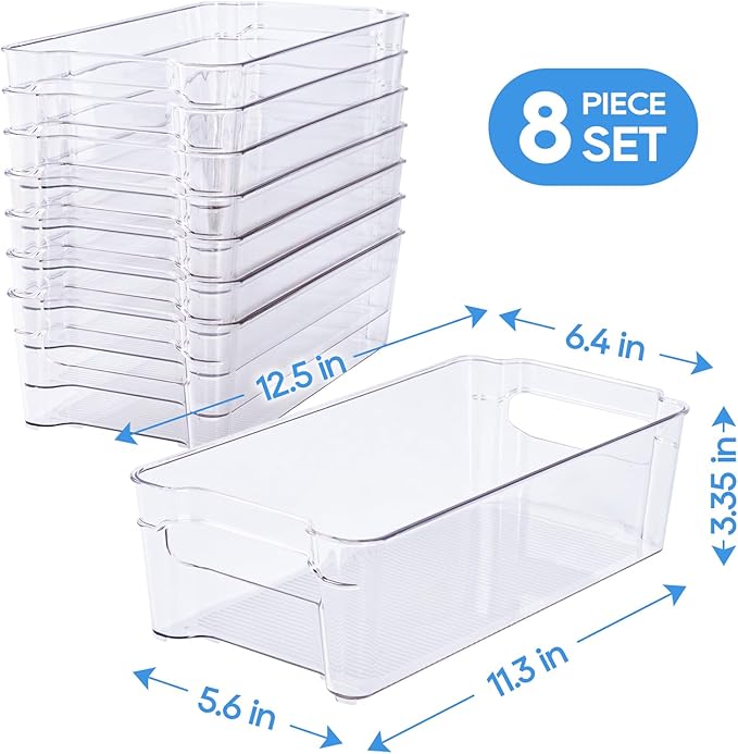 JollyPack 8 Pack Clear Plastic Storage Bins, Pantry Organizers and Storage with Handles, Clear Storage Containers for Fridge, Kitchen, Cabinet, Bathroom and Office