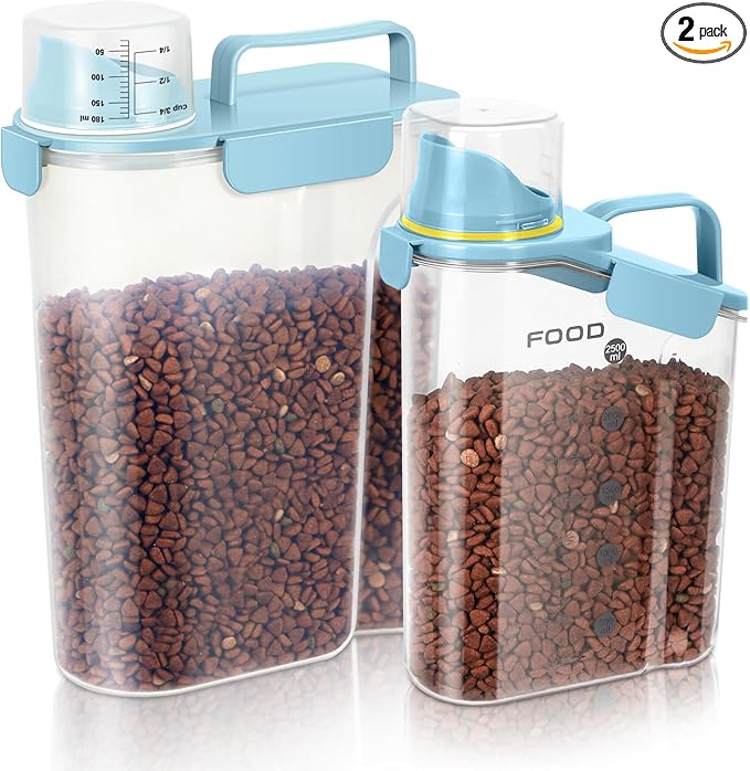 Dog Food Storage Container, Upgraded Large Nozzle BPA-free, 8-12 LBS Plastic Pet Food Storage Containers, With 4 Sealed Clasps, 1 Measuring Cup and Handle (2, Natural Blue (3L+5L), (3L+5L))-NeatNest