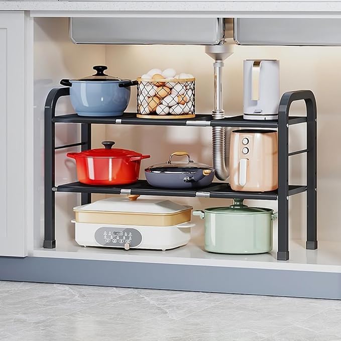 Expandable Under Sink Organizer with 10 Removable Panels, Adjustable Storage 2-Tier Shelf for Kitchen, Bathroom, Pantry,Multi-Purpose Expandable Cabinet Shelf Rack (19-35.5 Inch) (brown, Large)