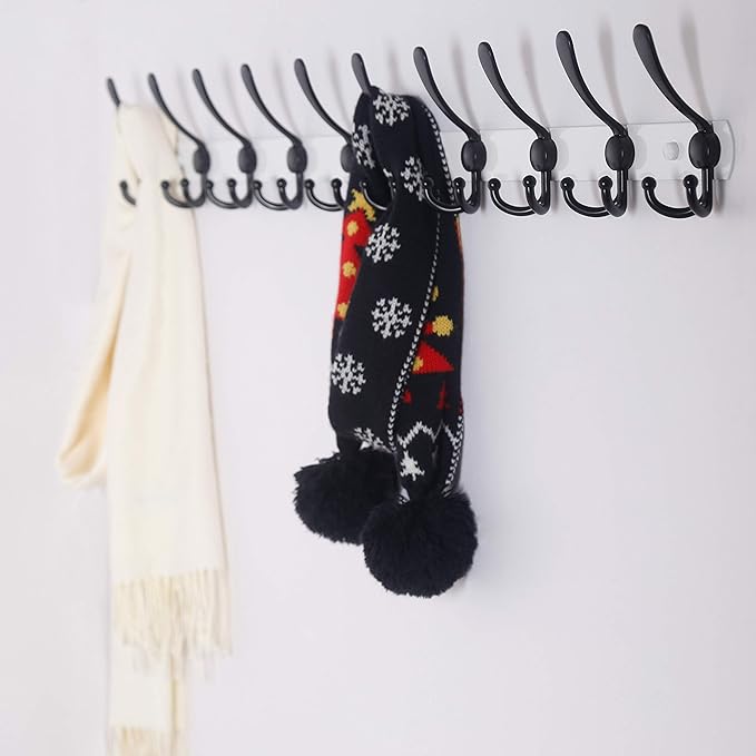 Dseap Coat Rack Wall Mount - 38” Long 10-Tri-Hooks Heavy Duty Coat Hanger Rail Wall Hooks for Hanging Coats Hats Clothing Clothes Purse Mudroom Entryway, White/Black-NeatNest
