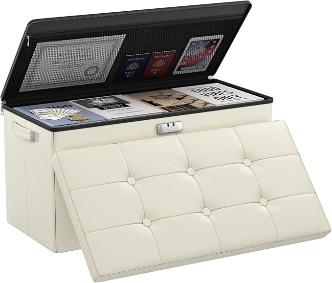 DocSafe Storage Ottoman Bench with Lock,Fireproof 30 Inches Folding Bench Foot Rest Stool Storage Chest Safe for Living Room,Bedroom,Home Office,Waterproof Leather Ottoman with Handles,Beige-NeatNest
