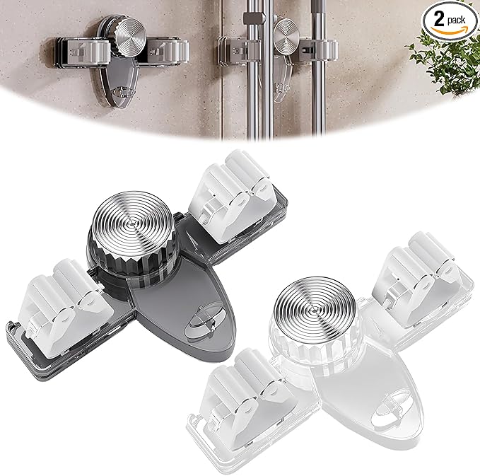 2PCS Broom Holder Mop Hanger,No punching required Broom Hanger Organizer,Broom Holder Wall Mountfor Bathroom, Kitchen, Office,Utility Room,Laundry Room(White+Gray)