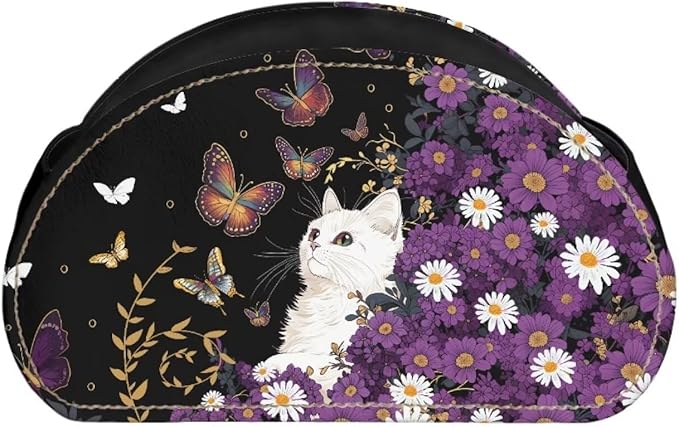 Cute White Cat Butterfly Print TV Remote Control Organizer PU Leather Desktop Storage Box,Table Caddy,Desktop Storage for Media Players/Controllers/Eyeglasses/Makeup Brushes/Pens-NeatNest