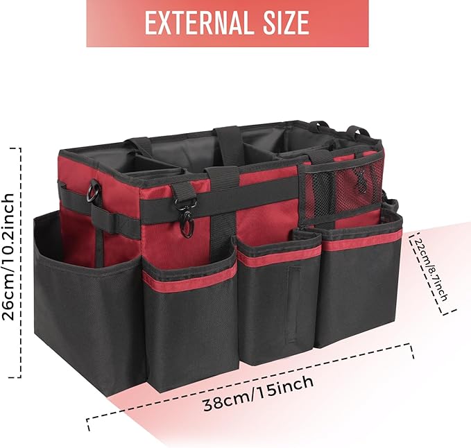 Wearable Cleaning Caddy, Cleaning Caddy Supplies Organizer with Handle & Shoulder Straps for Housekeepers, Under Sink & Car Cleaning Tool Organizers Bag with 4 Foldable Divider (Wine)