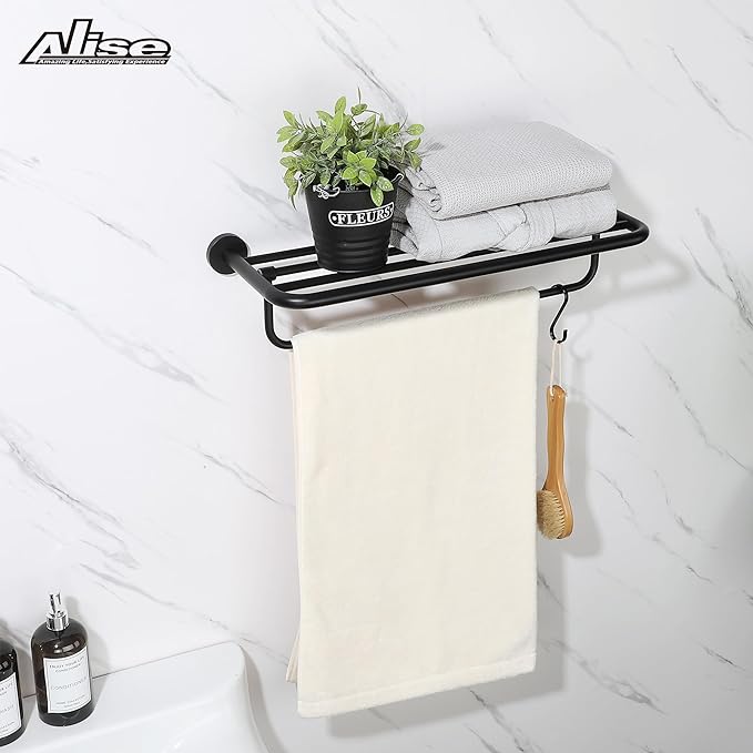 Alise 24 Inch Towel Racks for Bathroom, Foldable Towel Hanger Towel Shelf with Tower Bar, Heavy Duty Towel Holder, SUS 304 Stainless Steel Wall Mount Towel Rail, Matte Black