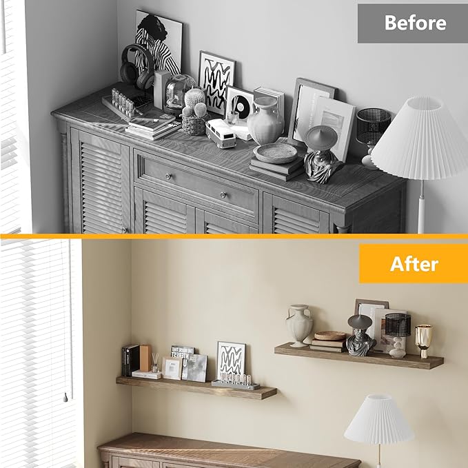 BAMEOS Floating Shelves,Wall Mounted Wooden Shelves with Invisible Brackets Set of 2, Hanging Wall Shelves Decoration for Bedroom, Bathroom, Living Room and Kitchen-NeatNest