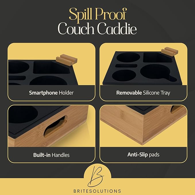Bamboo Couch Cup Holder ā 100% Wood Frame & Removable BPA-Free Silicone ā Waterproof Anti-Spill Couch Tray & Couch Caddy for Bed, Sofa & Car Seat ā Holds Snacks, Beverages & Remote-NeatNest