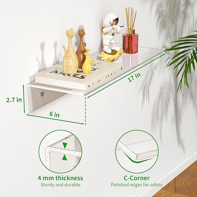 FEMELI 2 PCS 17" Acrylic Floating Shelves, Clear Shelf for Display, Plant, Perfume, Book in Bedroom Living Room Office, 5mm Thick Wall-Mounted Acrylic Shelves for Wall
