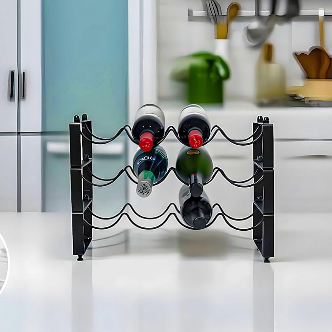 3 Tiered 12-Bottle Metal Wine Rack - Sturdy Wave Design with Reinforced Base | Stackable, Space-Saving Bar, Countertop, or Cabinet Storage (3)