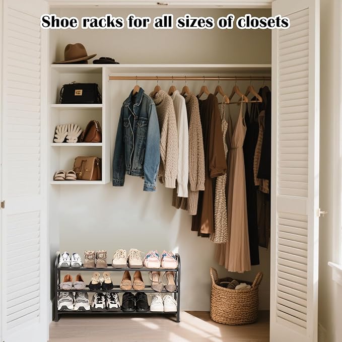 3-Tier Expandable Shoe Rack for Closet,Adjustable Shoe Rack,Black Metal Free Standing Shoe Rack for Entryway Closet Doorway
