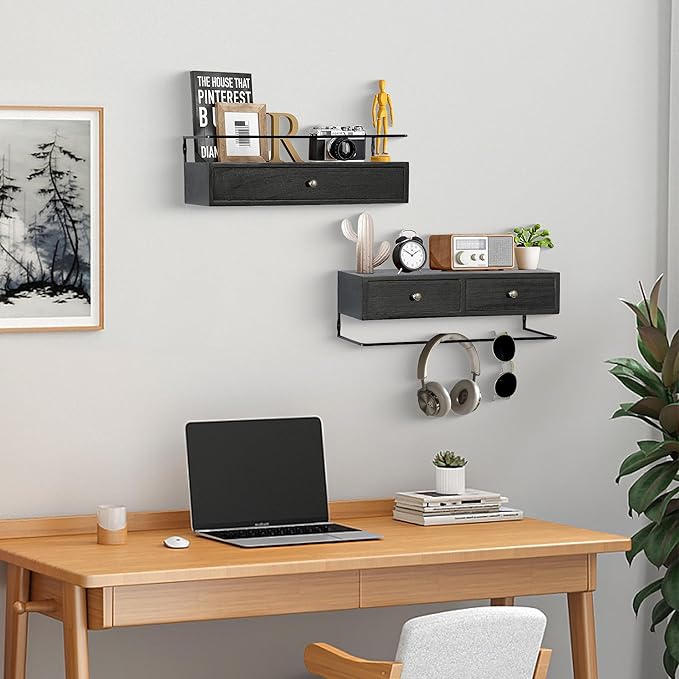 Floating Shelves for Wall Storage, Wall Mounted Bathroom Shelf with Drawers Set of 2, Rustic Wood Wall Shelves for Bedroom, Living Room, Kitchen, Wall Decor, Plants, Books, Black-NeatNest