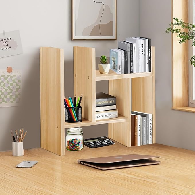 Desk Organizer Shelf Wooden Desktop Bookshelf Adjustable Desktop Organizer Shelves Small Book Shelf for Office Desk Supplies Home Storage Natural Stand Decor (Beige, Style1)-NeatNest