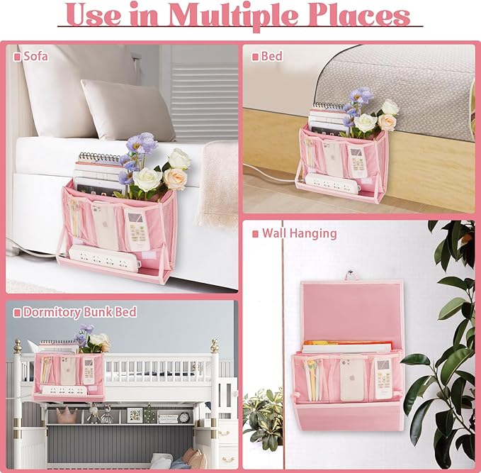 Bedside Caddy Bedside Storage Organizer Bedside Organizer with Power Strip Holder and 2 Adjustable Straps for Home Bunk Bed College Dorm Sofa (2 Pack Pink)-NeatNest