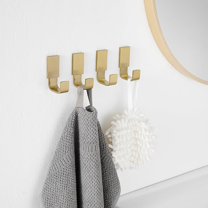 BESy Brass Clothes Hook Single Towel Hook for Bathroom Kitchen Garage Square Style Robe Hooks Coat and Hat Hook, Self Adhesive with Glue or Wall Mounted with Screws, Four Packs, Brushed Gold-NeatNest