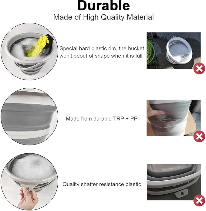GOLDFOX Collapsible Bucket with Handle - 10L (2.6 Gallon) Portable Water Bucket for Car Wash Household Cleaning, Multiuse Folding Bucket for Outdoor Garden Camping Fishing Car Wash Space Saving- Grey-NeatNest
