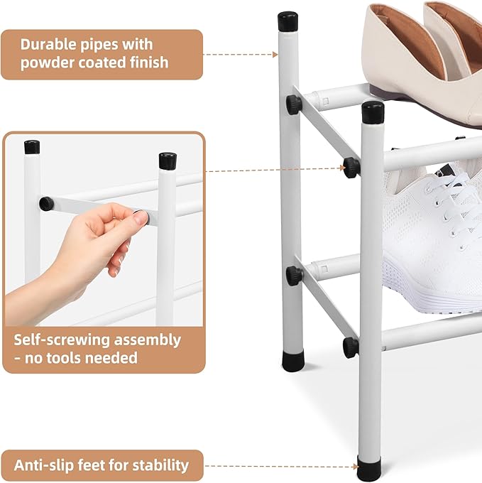STORAGE MANIAC Expandable Shoe Rack, 8 Pairs Stackable Small Shoe Rack, Metal Adjustable Shoes Organizer for Closet, Entryway, Hallway, Garage, Front Door, Shoes Shelves, White 2 Tier-NeatNest
