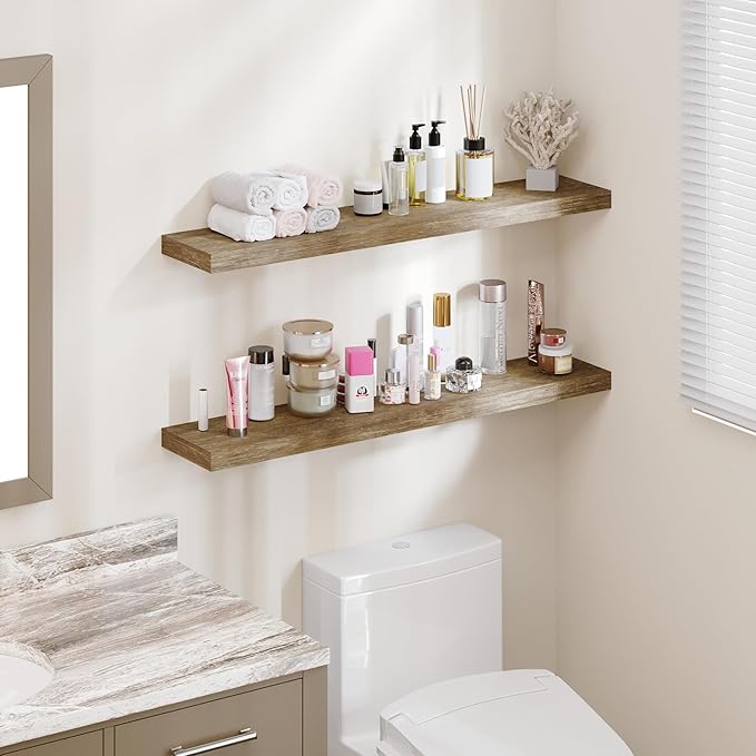 BAMEOS Floating Shelves,Wall Mounted Wooden Shelves with Invisible Brackets Set of 2, Hanging Wall Shelves Decoration for Bedroom, Bathroom, Living Room and Kitchen-NeatNest