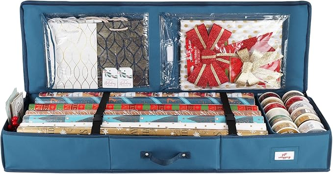 Hearth & Harbor Wrapping Paper Storage Container - Christmas Storage Bag with Interior Pockets - Gift Wrap Organizer Fits Up to 22 Rolls of 40" - Tear Proof, Blue-NeatNest