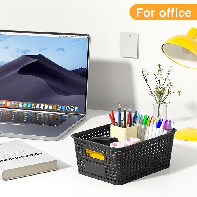 Black Plastic Storage Baskets - Pack of 8 with Labels Stackable Durable Storage Bins, Storage Containers for Organizing Desktops, Closets, Playrooms, Classrooms, Offices-NeatNest