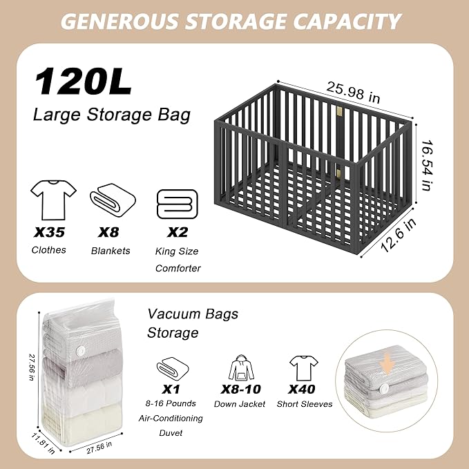Bamboo Under Bed Storage Containers- Underbed Organizer with Wheels with Large Capacity Dust Bag,Sturdy Wood Rolling Under Bed Shoe Storage Organizer 2 Packs (Black, 2 Packs Tall (25"×16"x12"))-NeatNest