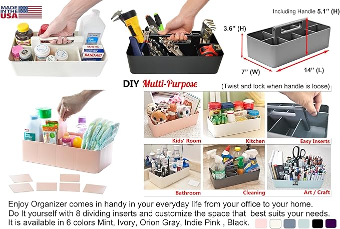 -Large Portable Caddy, DIY Dividers, 8 Compartments, Office Supplies Organizer, Simple, Portable Basket with Handle Storage Organizer Modern,Endless Multi Use -Made in USA-NeatNest