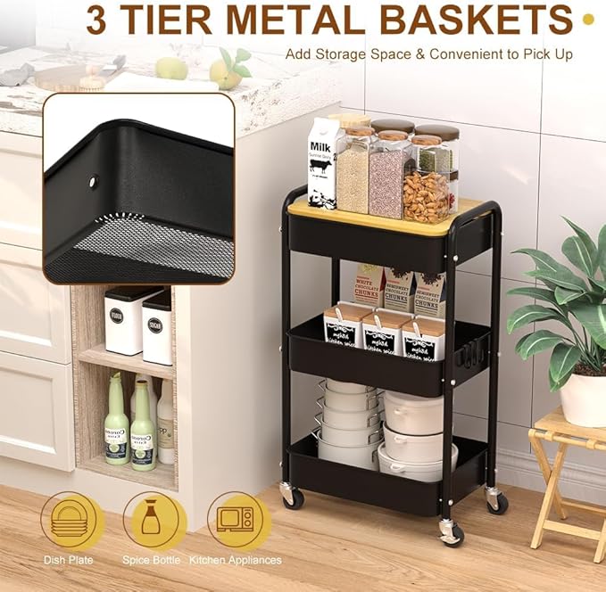 3 Tier Metal Utility Cart, Rolling Storage Cart with Wooden Tabletop, Metal Organizer Cart with Lockable Wheels for Office, Bedroom, Kitchen and Living Room (Black)