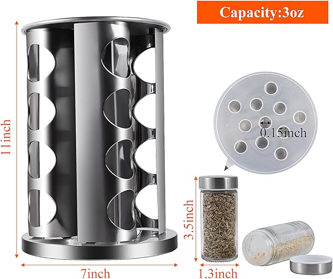 DOUBLE 2 C Revolving Countertop Spice Rack Stainless Steel Seasoning Storage Organization,Spice Carousel Tower for Kitchen Set of 16 Jars (16Jars)-NeatNest