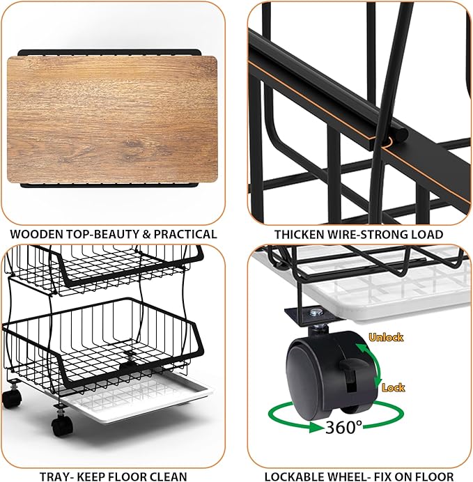 Rolling Kitchen Cart with Wood Top - 4-Tier Wire Basket Organizer for Fruits, Vegetables, Pantry Storage - Stackable, Mobile Cart with Wheels for Kitchen, Home, Office
