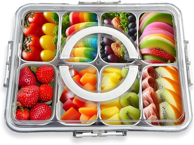 Divided Serving Tray with Lid and Handle,8 Compartments Snacks Box,Snack Fruit and Veggie Tray,Portable Platter for Candy Fruits Nuts Snack Party Entertaining Picnic (1 PCS)-NeatNest
