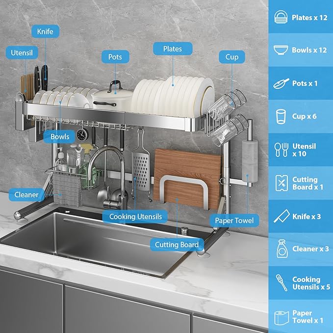 Over The Sink Dish Drainer Drying Rack, 2 Tier Adjustable Width (20.87'' to 37.6'') 304 Stainless Steel Large Over Sink Dish Drying Rack for Kitchen Counter Organizer, (Silver)