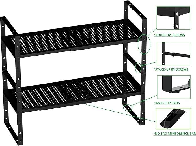 Expandable Spice Rack, Stackable Metal Pantry Storage Shelves Stand, Adjustable Height Cabinet Shelf Organizer Racks(3PACKS/BLACK,LARGE)