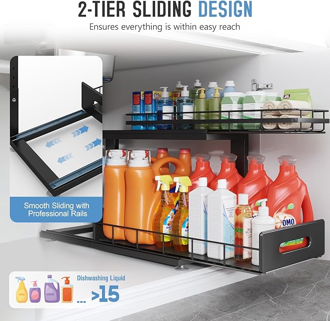 2 Pack 21 IN Depth Pull Out Cabinet Storage With Smooth Rails,2-Tier Dual Pull Out Cabinet Storage For Bathroom Kitchen,Under Sink Shelf-Black-NeatNest