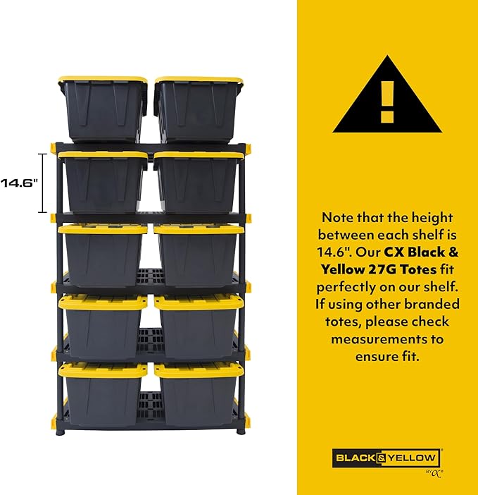 CX Black & Yellow®, 5-Tier Heavy Duty Plastic Storage Shelving Unit, 200lbs/shelf (72”H x 48”W x 20”D), for Indoor/Outdoor Organization, Modular Rack-NeatNest