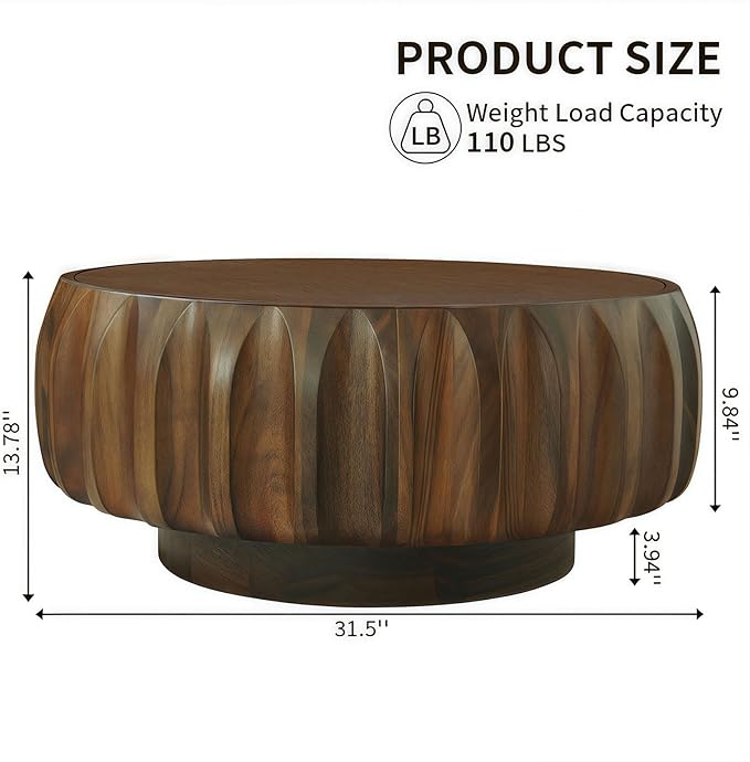 kevinplus 31.5'' Walnut Round Wood Coffee Table for Living Room, Modern Contemporary Circle Fluted Drum Pedestal Coffee Table, Natural Wood Grain & Easy Assembly, Walnut