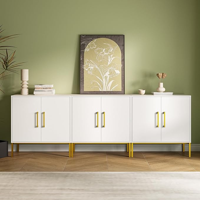 JOZZBY Set of 3 Storage Cabinet, Sideboard Buffet Storage, Modern Living Room Cabinet, White Side Cabinets for Bedroom, Kitchen, and Hallway