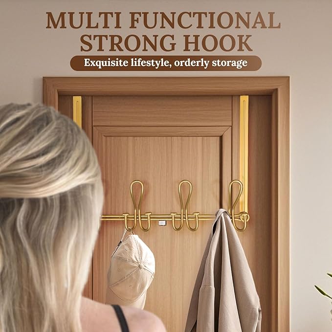Double Prong Over The Door Hook Rack, with 4 Triple Hooks to Hang Your Coats, Hats, Towels, Purses and More in Your Bathroom, Bedrrom or Walk-in Closets - Gold