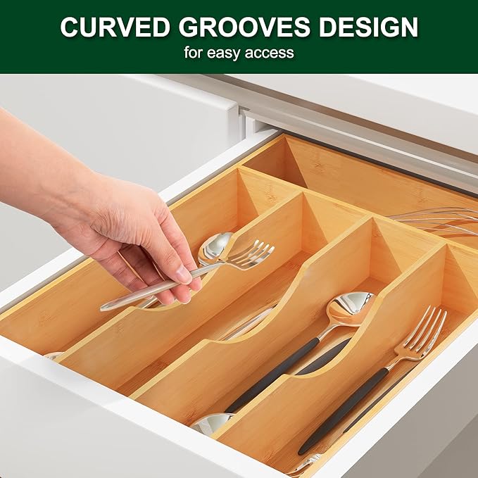 Bellsal Utensil Organizer 10 Inch Silverware Tray for Drawer Utensil Holder Cutlery Organizer Kitchen Drawer Organizer 5 Compartment Small Narrow Bamboo-NeatNest