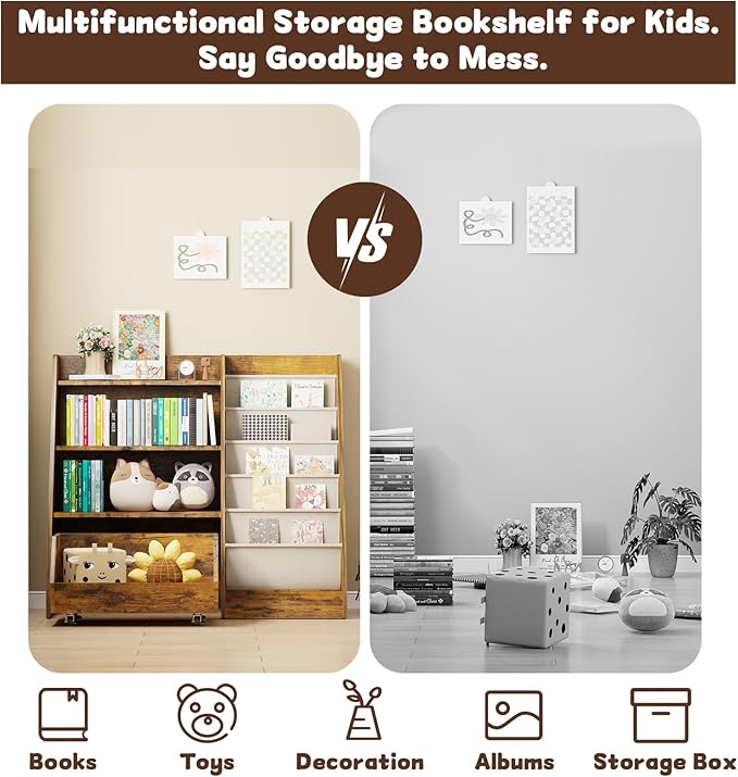 COZPAW Kids Bookshelf and Toy Storage, 4 Tier Toddler Bookshelf with Movable Drawer 5 Sling Pockets, Montessori Book Shelf for Kids Room, Playroom, Nursery (Brown)-NeatNest