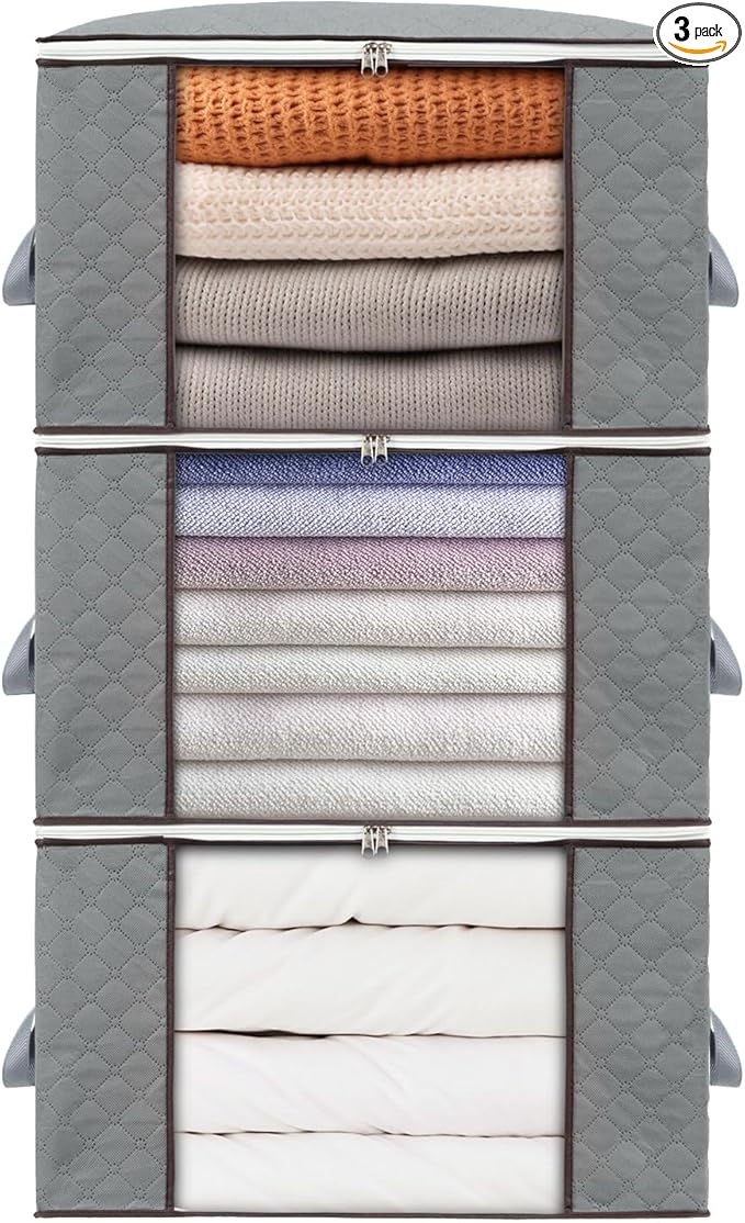 combocube 3 Pack Closet Organizers and Storage Containers, Clothes Storage Bins, Storage Bags with Large Clear Window & Handles for King Comforter, Pillow, Quilt, Bedding, Clothes-NeatNest