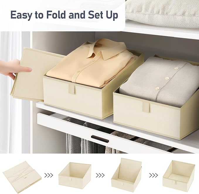 DIMJ Clothing Organizer Storage Boxes - 6 Packs Fabric Traprzoid Storage Bakskets, Fabric Bins for Closet with Front Handle, Closet Cubes Organizer for Parents Renters Students RV Owners (Beige)-NeatNest