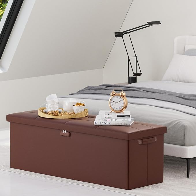 DocSafe Storage Ottoman Bench,Fireproof&Waterproof Folding Bench with Lock(15”x 43”x15”),Leather Storage Chest with Handles&2 Extra Boxes,Ottoman Safe for Bedroom,Living Room,Home Office,Brown-NeatNest