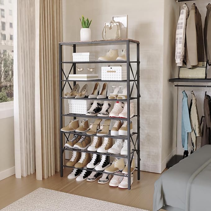 8-Tier Metal Shoe Rack for 32 Pairs, Heavy-Duty Shoe Organizer with Rustic Wooden Top, Space-Saving Entryway Shoe Storage for Closet, Garage, Hallway, Bedroom, Black & Rustic Brown-NeatNest