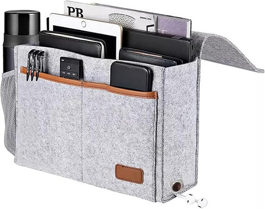 Bedside Caddy,Felt Bedside Storage Organizer, Hanging Storage for Dorm Bed Sofa for tablet Magazine Phone Remotes and Water Bottle Holder (Light Grey)-NeatNest