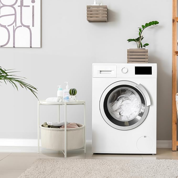 danpinera Round Side Table with Fabric Storage Basket, Metal Side Table Small Bedside Nightstand with Removable Tray Top for Living Room, Bedroom, Nursery, Laundry, White-NeatNest