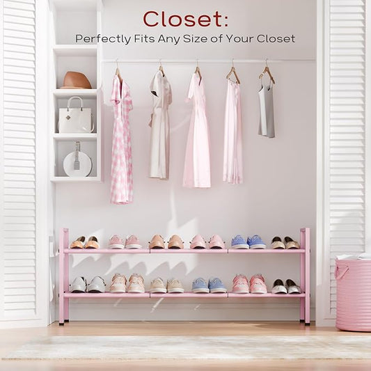 Bumusty 2-Tier Long Expandable Shoe Rack for Closet, 18"-44" Adjustable Shoe Rack for Entryway, 10-12 Pairs Large Shoe Organizer Shelf Storage, Sturdy Metal, Pink-NeatNest