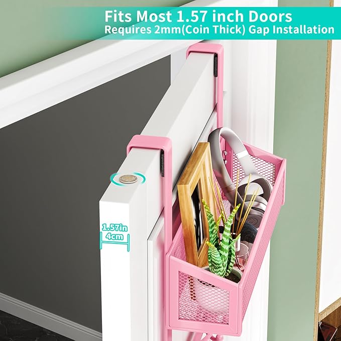 HapiRm Over The Door Hooks - Easy Installation Pink Door Hanger with Basket and 16 Hooks, 304 Stainless Steel Storage Organizer for Towels, Coats, Bathroom, Kitchen, Dorm-Pink