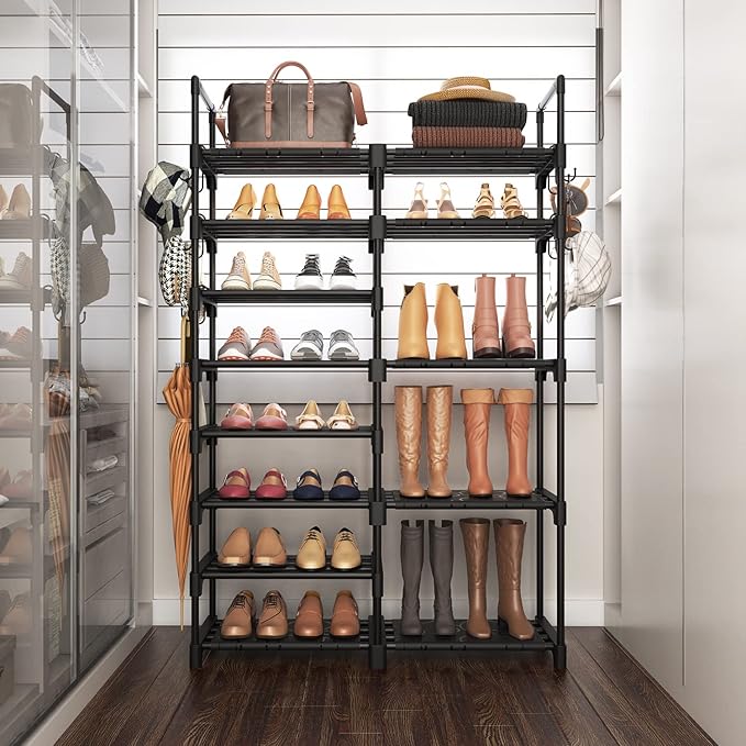 ROJASOP Shoe Rack Organizer, 8-Tier Metal Shoe Rack for Closet Entryway Garage, 26-32 Pairs Tall Shoe Boot Storage Shelf with 15 Hooks, Stackable Large Shoe Stand-NeatNest